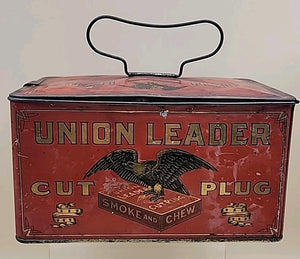 1900's UNION LEADER Antique Cut Plug Tobacco Tin With Lock And Handle