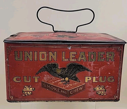 1900's UNION LEADER Antique Cut Plug Tobacco Tin With Lock And Handle