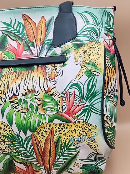Sharif Hand Painted Jungle Tiger  Leather Hand Bag With  Detachable Crossbody