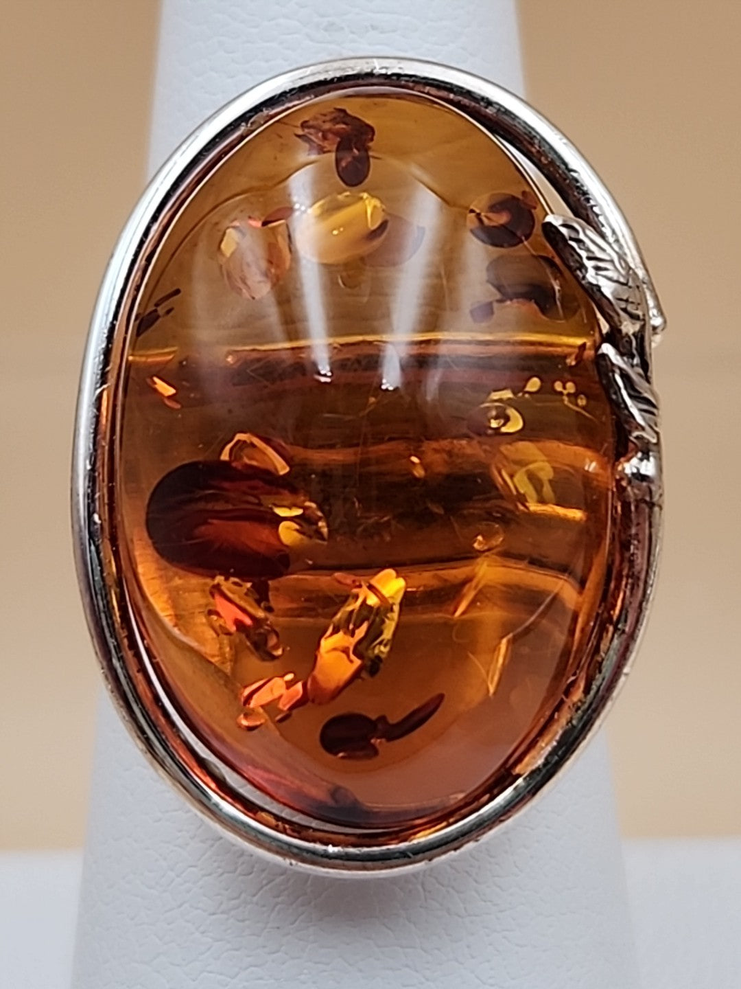 Cognac Baltic Amber/Sterling Silver Leaf Adjustable Ring Size 7.5