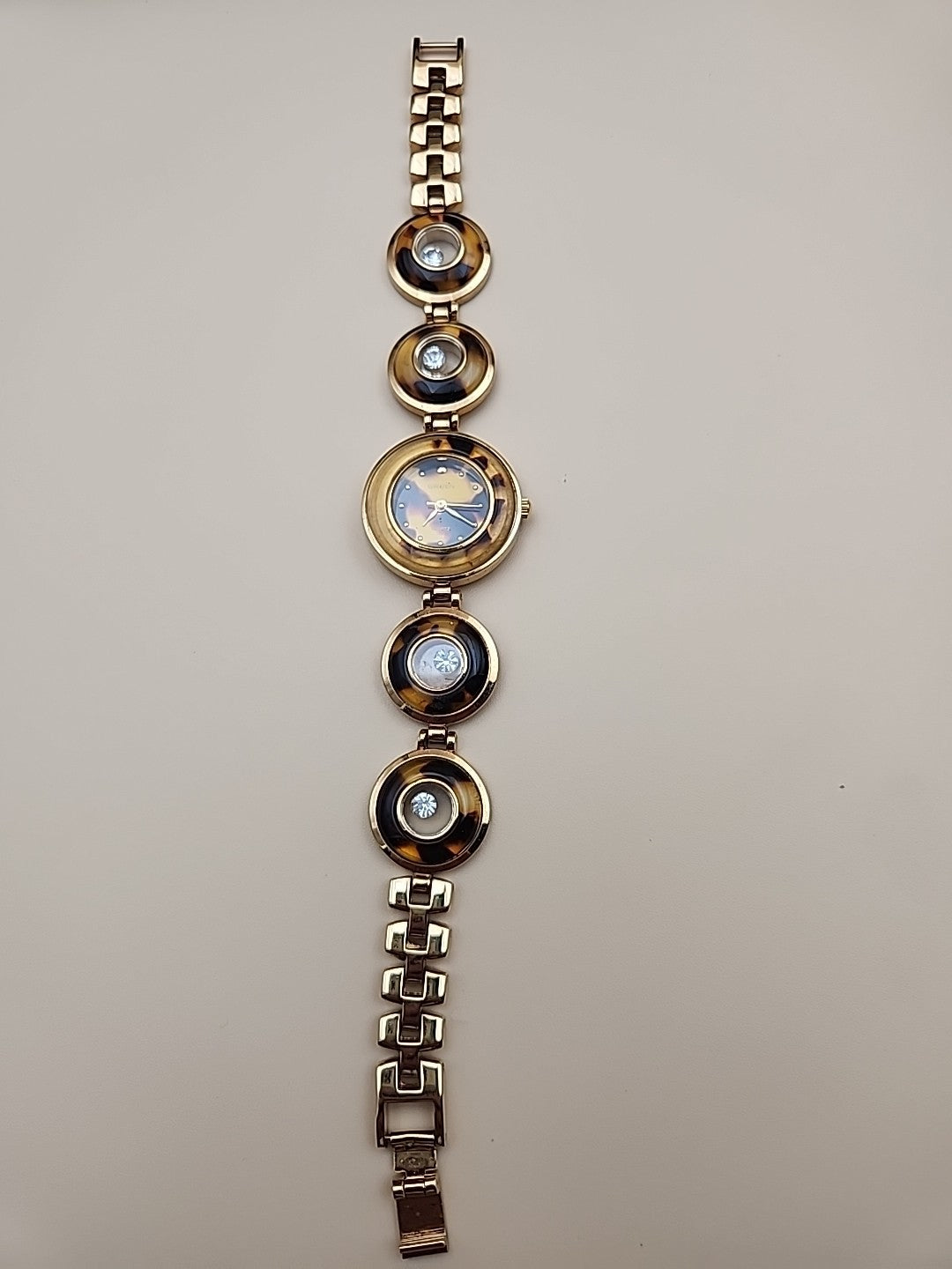 GRUEN  Vintage Tortoise Shell Design/Gold Tone/Crystal Watch/Necklace/EarringSet
