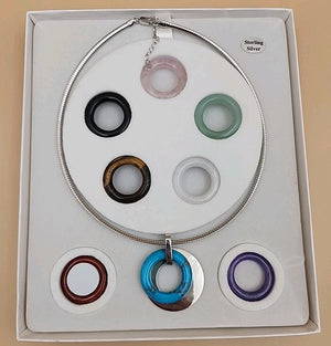 COLORS OF LIFE/Sterling Silver/8 Gemstone Rings/Interchangeable Choker Necklace