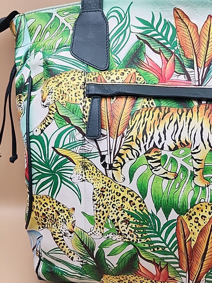 Sharif Hand Painted Jungle Tiger  Leather Hand Bag With  Detachable Crossbody