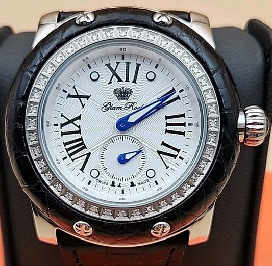 GLAM ROCK Black Alligator Leather/Diamond Bezel/Miami #GR10021 NEW BATTERY