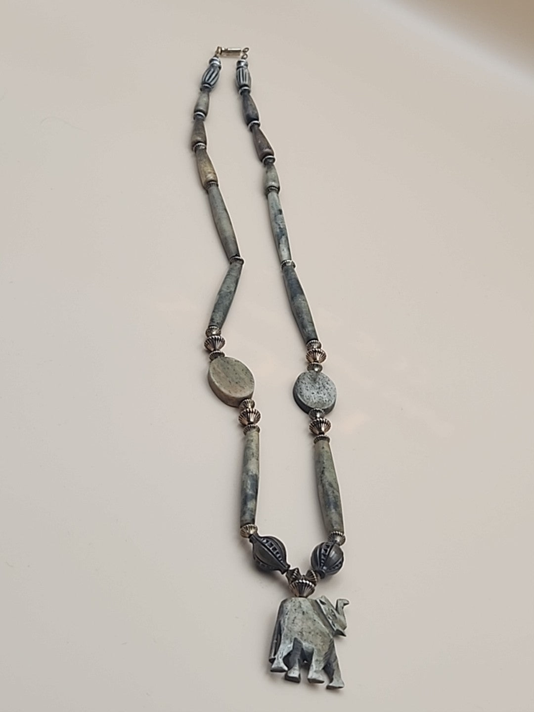 Polished Carved Green Agate Stone/African Elephant  30" Gold Tone Necklace