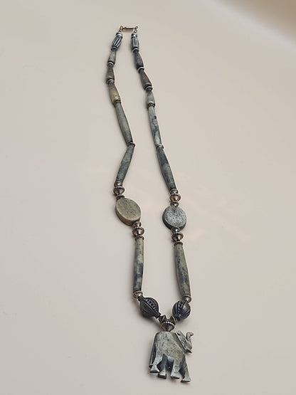 Polished Carved Green Agate Stone/African Elephant  30" Gold Tone Necklace