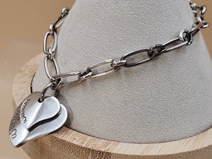 TIFFANY AND CO. 925 Silver Dbl. Dangle Heart 8" Open Link Charm Bracelet