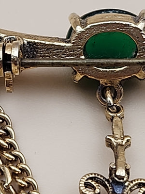 1950's-60's Victorian Revival Jadeite Cabochon/Gold Tone Cameo Dangle Brooch
