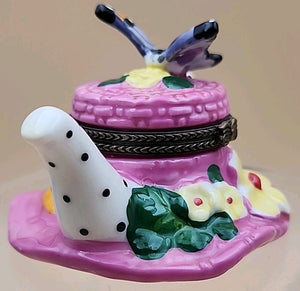 Limoges Hand Painted Teapot Sunhat With Butterfly/Flowers Porcelain Trinket Box