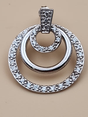 Sterling Silver Dbl. Beaded Chain/ Triple Circle Crystal Pendant & Earrings Set