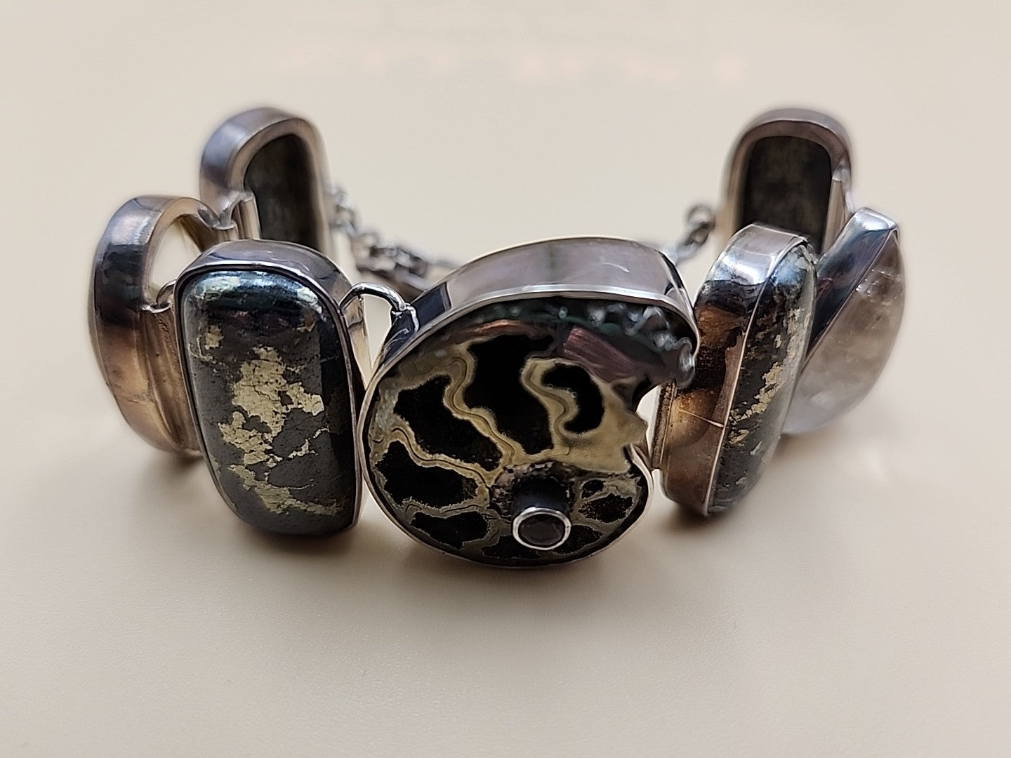 Pyritized Ammonite Shell/Pyrite/Quartz/Smoky Quartz/Sterling Adjustable Bracelet