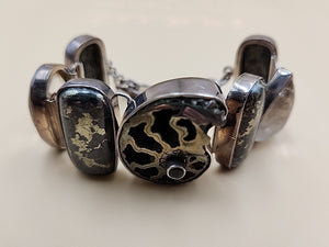 Pyritized Ammonite Shell/Pyrite/Quartz/Smoky Quartz/Sterling Adjustable Bracelet