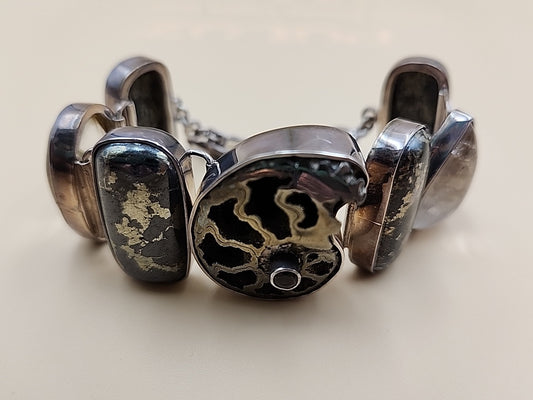 Pyritized Ammonite Shell/Pyrite/Quartz/Smoky Quartz/Sterling Adjustable Bracelet