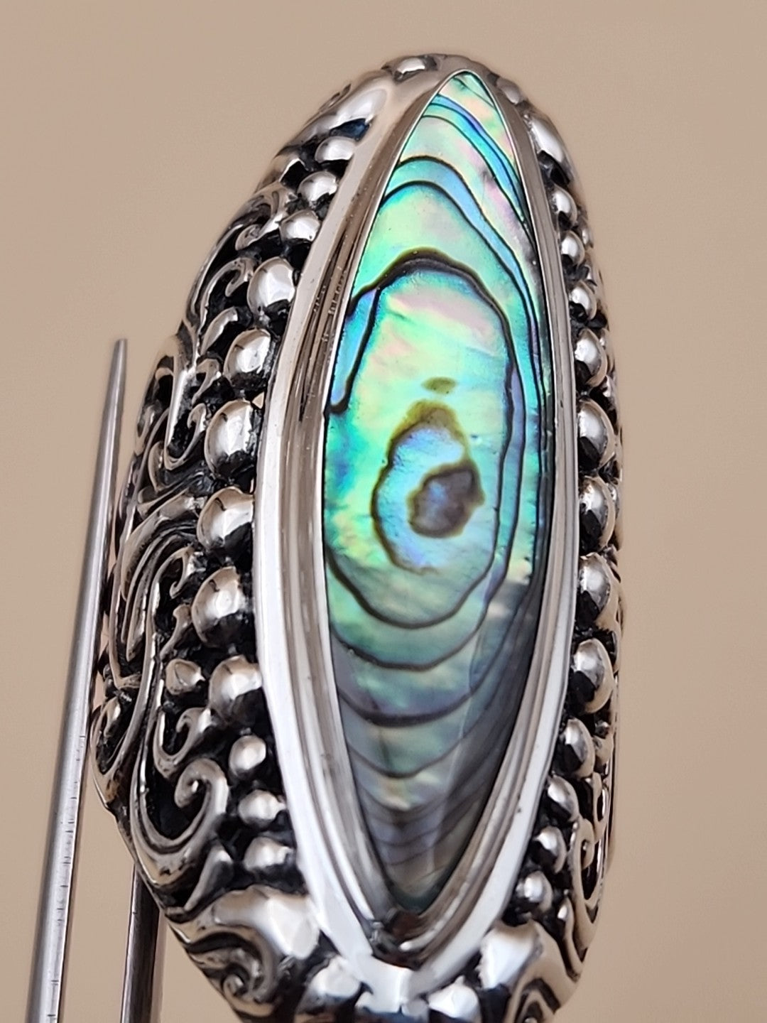 SAMUEL B. Abalone Shell  Sterling Silver Filigree Ring Size 8.25