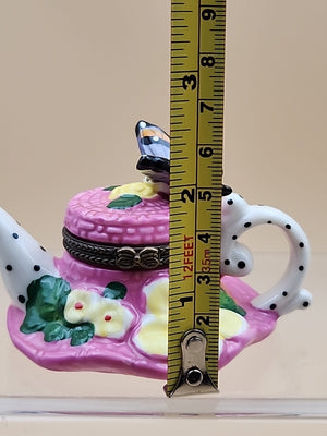 Limoges Hand Painted Teapot Sunhat With Butterfly/Flowers Porcelain Trinket Box