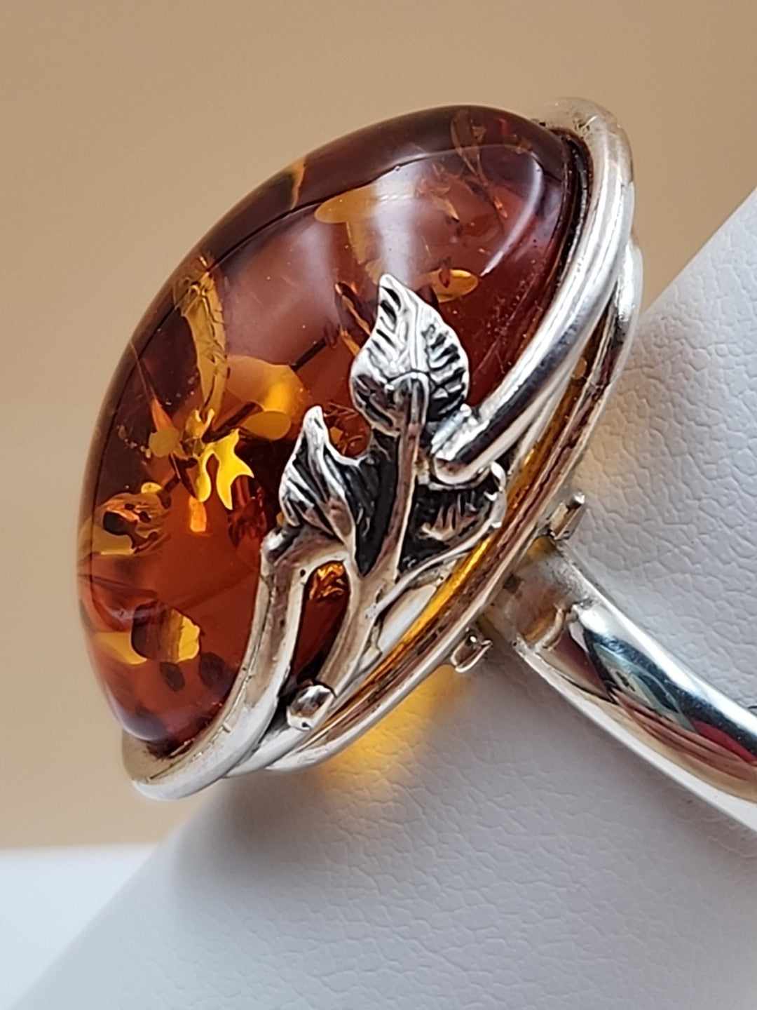 Cognac Baltic Amber/Sterling Silver Leaf Adjustable Ring Size 7.5