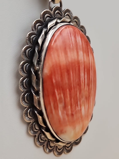 GILBERT PLATERO Navajo Orange Spiny Oyster/Sterling Silver SignedVintage Pendant