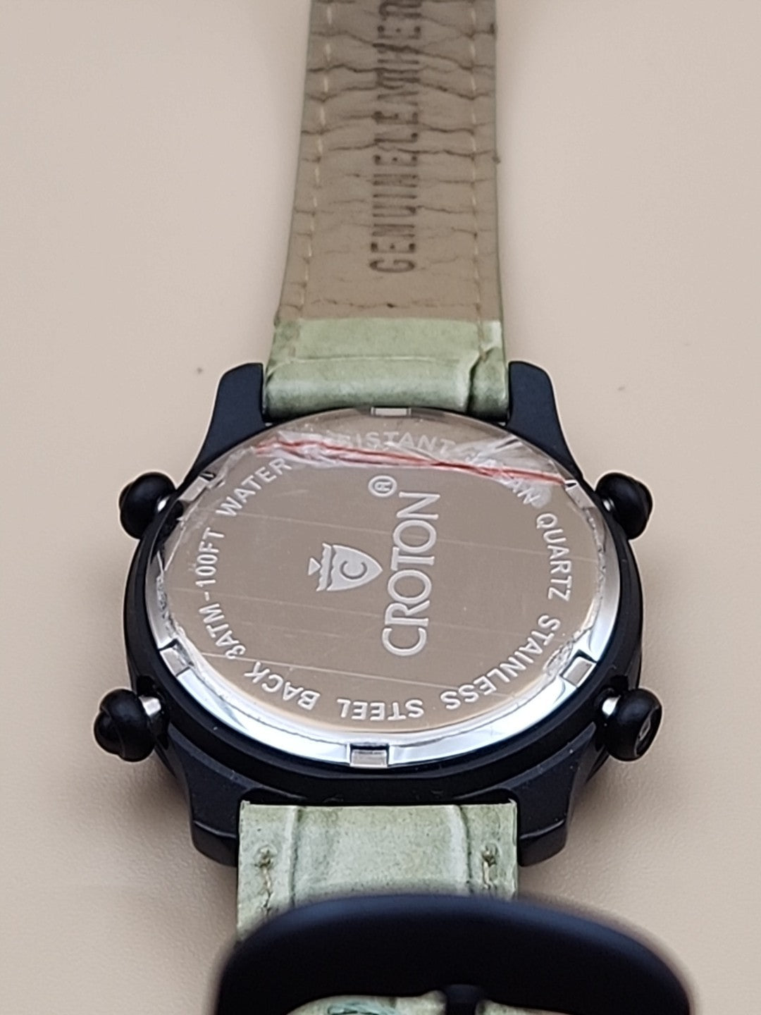 CROTON Green Leather Band/Chronograph/Water Resistant Gemmed Womens Watch