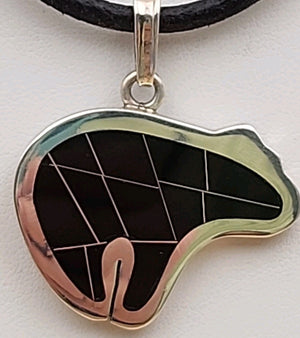 Mexico Southwest Style 950 Fine Silver/ Black Inlaid Onyx Bear Pendant