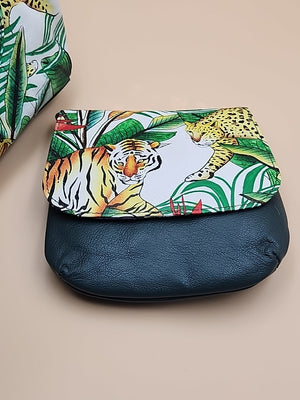 Sharif Hand Painted Jungle Tiger  Leather Hand Bag With  Detachable Crossbody