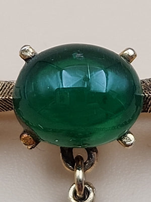 1950's-60's Victorian Revival Jadeite Cabochon/Gold Tone Cameo Dangle Brooch