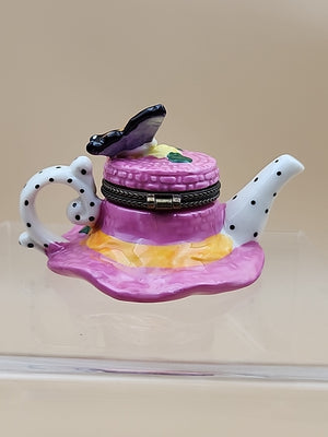 Limoges Hand Painted Teapot Sunhat With Butterfly/Flowers Porcelain Trinket Box