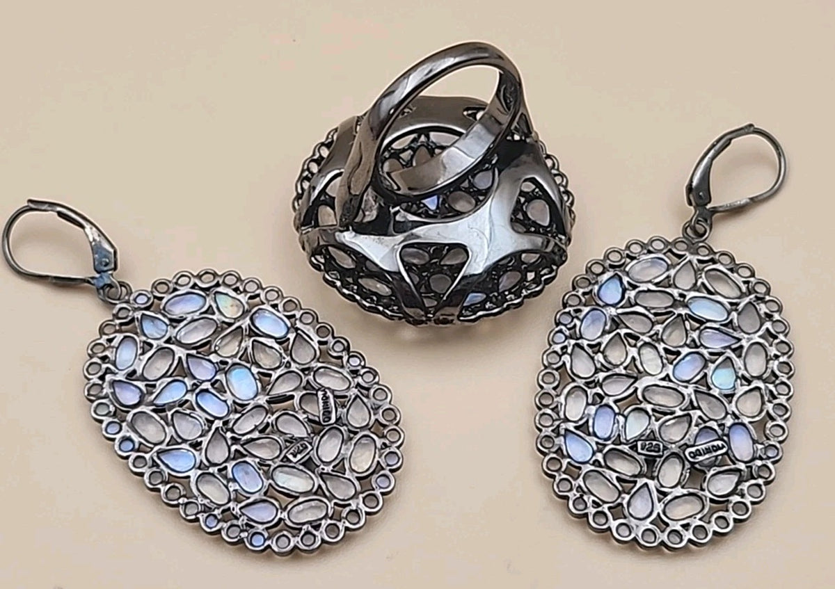 ROSS SIMONS 925 Silver/Moonstone/White Topaz Cluster Ring Sz. 6.25 & Earring Set