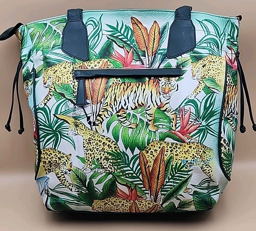 Sharif Hand Painted Jungle Tiger  Leather Hand Bag With  Detachable Crossbody
