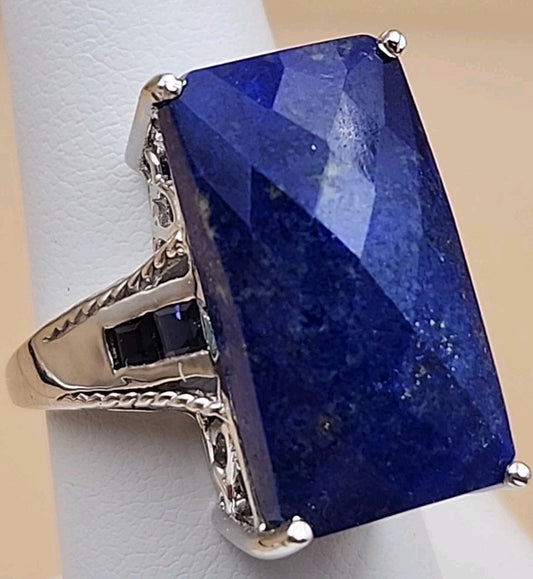 Faceted Lapis Lazuli/Sterling Silver Filagree Ring Size 7