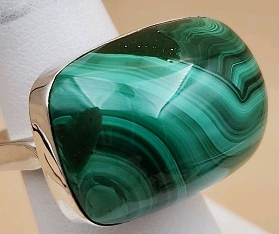 DESERT ROSE TRADING Chunky Square Congo Malachite/Sterling Silver Ring Size 7