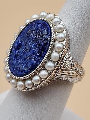 LYDIA Lapis Lazuli/Pearl/Sterling Silver Hand Carved Cameo Ring Size 7