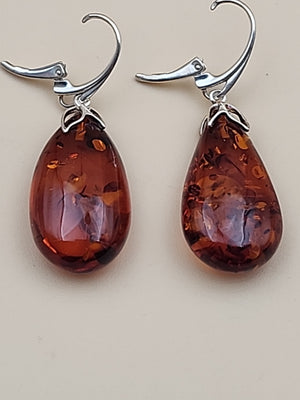 Baltic Cognac Amber/Sterling Silver 1.75" Drop/Dangle Earrings