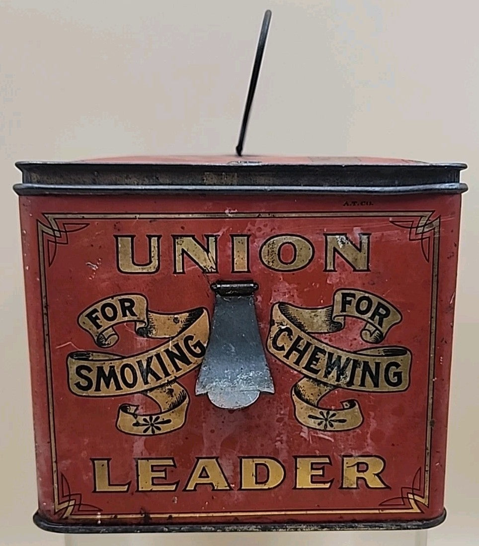 1900's UNION LEADER Antique Cut Plug Tobacco Tin With Lock And Handle