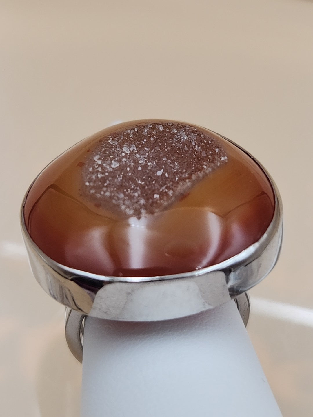 Sterling Silver/Druzy Orange Agate Cabochon/Polished Adjustable Ring Size 7.75 +