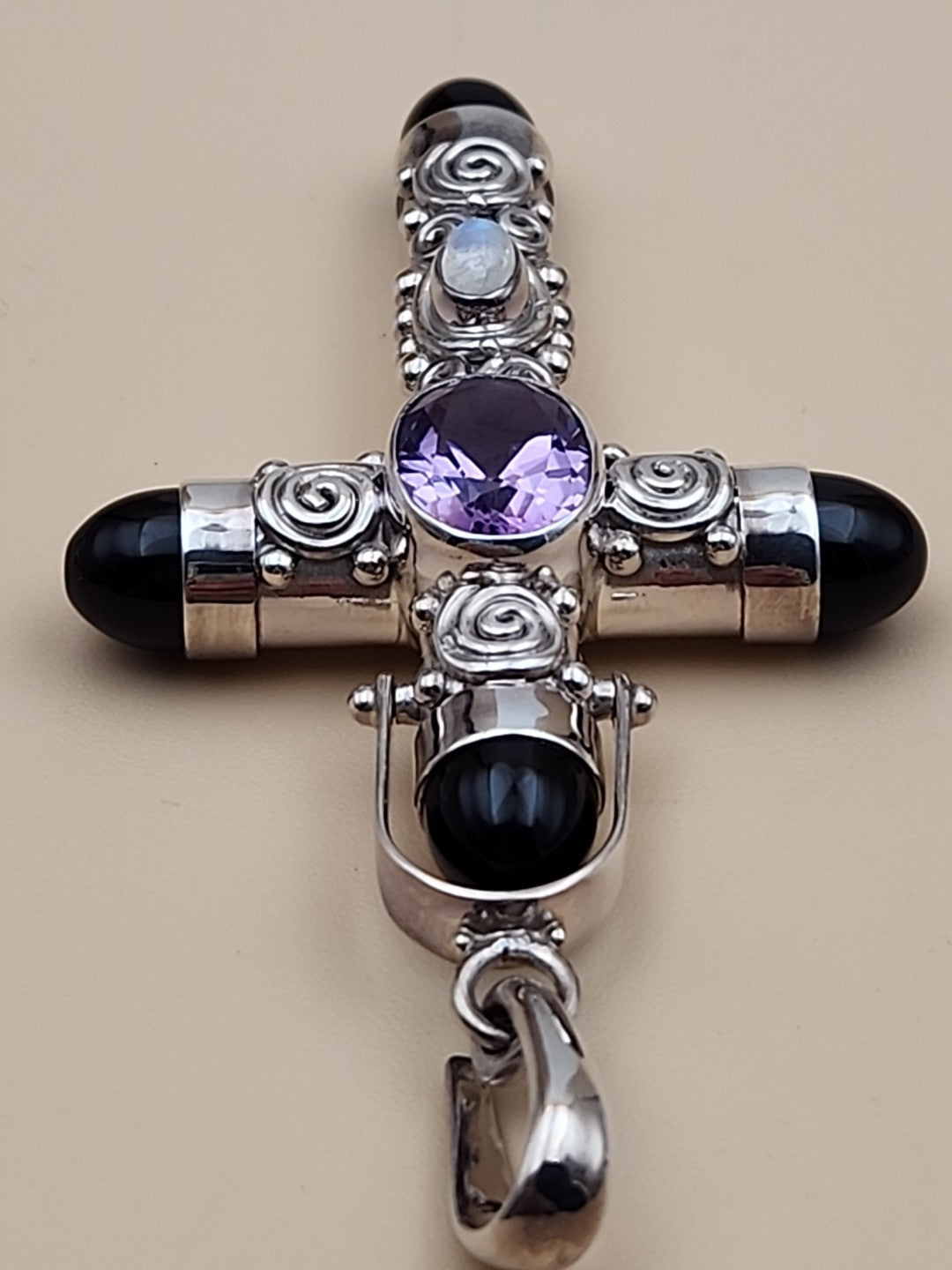 SAJEN Sterling Silver/Amethyst/Moonstone/Black Onyx Swirl Cross Pendant