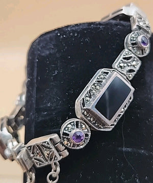 Sterling Silver/Amethyst/Black Onyx Inlay/Marcasite Vintage FAS Bracelet