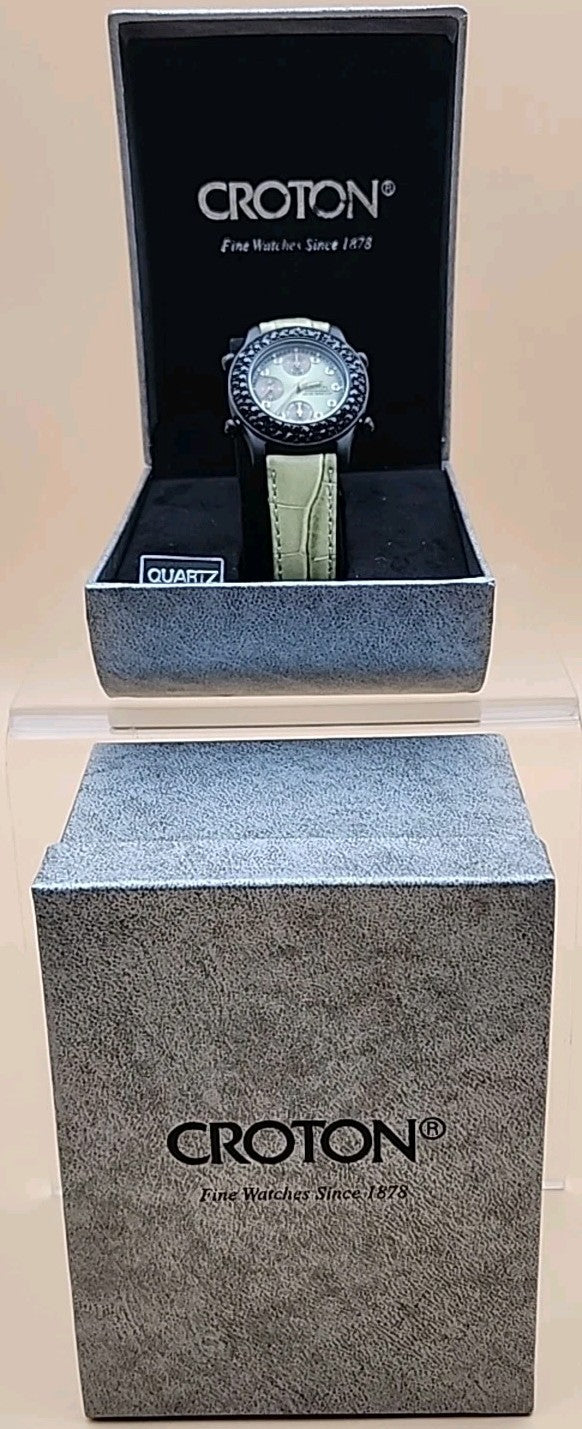 CROTON Green Leather Band/Chronograph/Water Resistant Gemmed Womens Watch