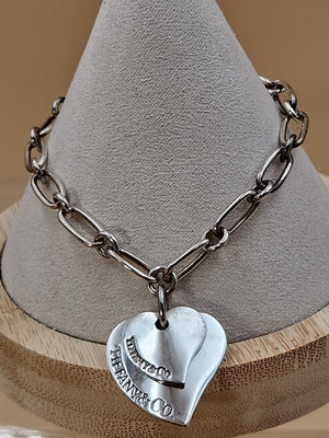 TIFFANY AND CO. 925 Silver Dbl. Dangle Heart 8" Open Link Charm Bracelet