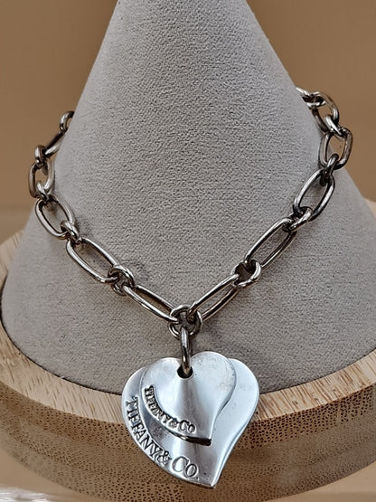 TIFFANY AND CO. 925 Silver Dbl. Dangle Heart 8" Open Link Charm Bracelet