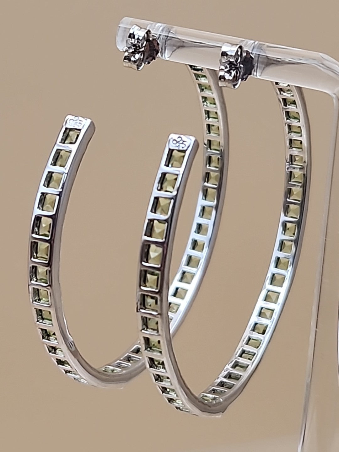 JTV Green Peridot/Sterling Silver/ 2" Channel Set/ Inside Out Hoop Earrings