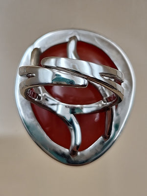 Sterling Silver/Druzy Orange Agate Cabochon/Polished Adjustable Ring Size 7.75 +