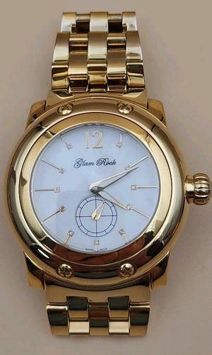 GLAM ROCK Miami Quartz Gold Tone/Crystal Indices/Glowing Hands Watch NEW BATTERY