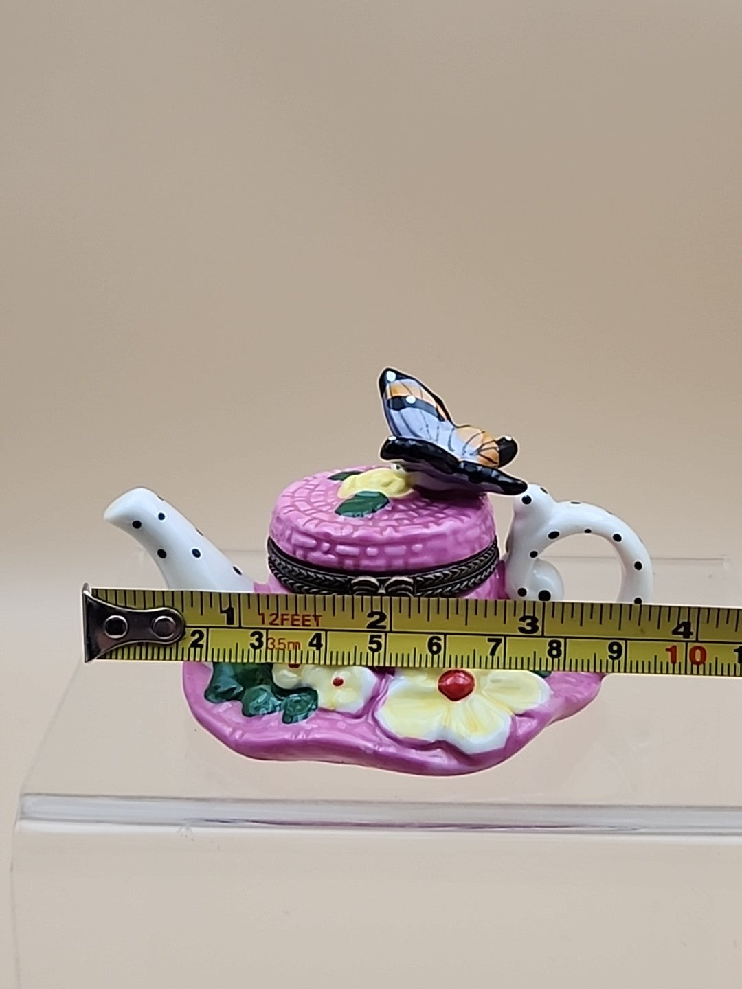 Limoges Hand Painted Teapot Sunhat With Butterfly/Flowers Porcelain Trinket Box
