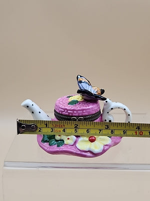 Limoges Hand Painted Teapot Sunhat With Butterfly/Flowers Porcelain Trinket Box
