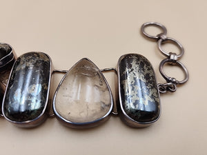 Pyritized Ammonite Shell/Pyrite/Quartz/Smoky Quartz/Sterling Adjustable Bracelet