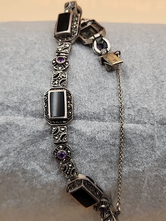 Sterling Silver/Amethyst/Black Onyx Inlay/Marcasite Vintage FAS Bracelet