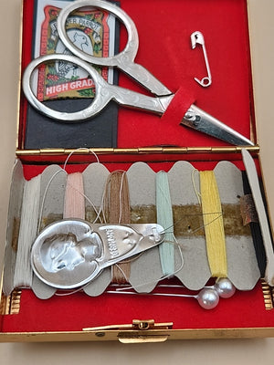 Antique Gold N Craft Gold/Silver Tone Sewing Kit With Decorative Scissors On Lid