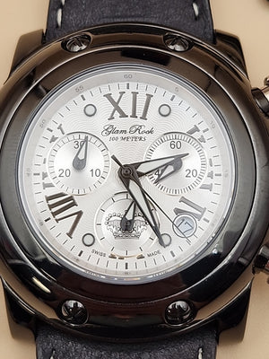 GLAM ROCK Black Leather Miami Chrono 10 ATM Model# 10164 NEW BATTERY