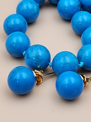 Turquoise 28" Beaded Necklace With Matching 14k Gold Post Stud Earrings