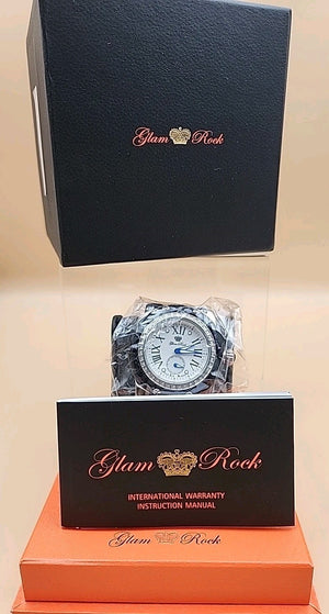 GLAM ROCK Black Alligator Leather/Diamond Bezel/Miami #GR10021 NEW BATTERY